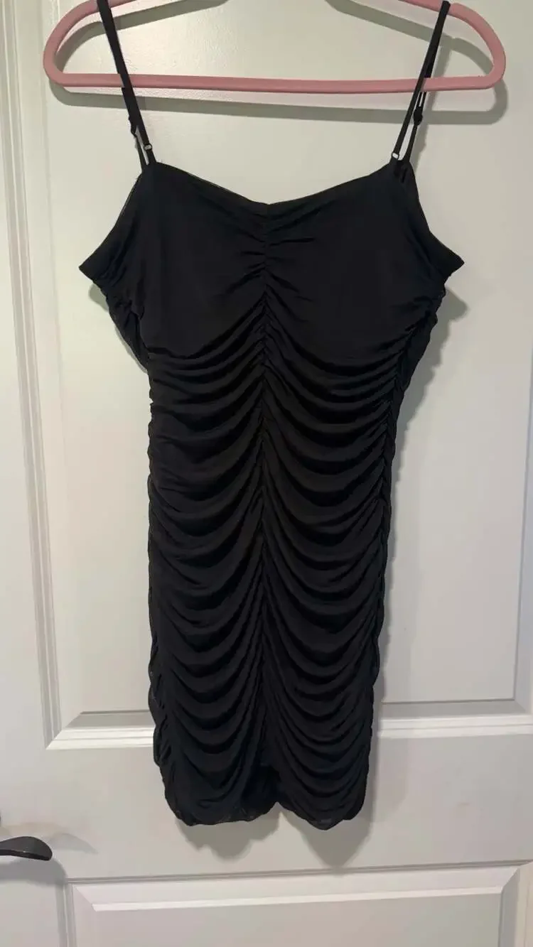Ruched Mesh Bodycon Mini Dress Black Party Club Date Night NWT Medium